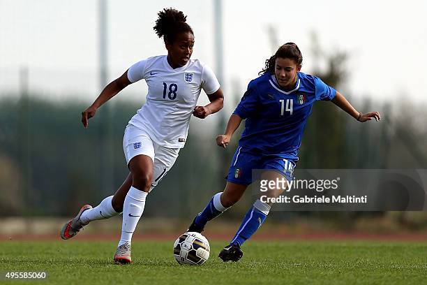 Beatrice Abati of Italy U19 women's battles for the ball with Atlanta Primus of England U19 women's during the international friendly match between...