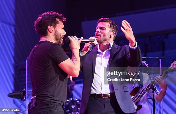 Diego Torres and Pedro Capo perform during the Latin GRAMMY Acoustic Sessions Miami with Diego Torres at New World Center on November 3, 2015 in...