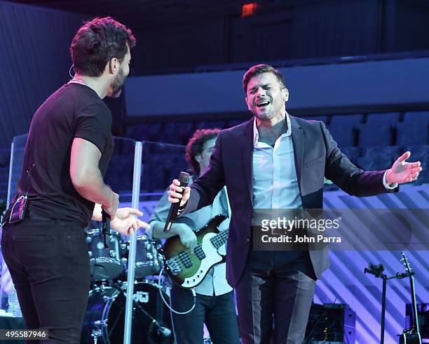 Diego Torres and Pedro Capo perform during the Latin GRAMMY Acoustic Sessions Miami with Diego Torres at New World Center on November 3, 2015 in...