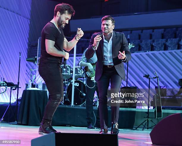 Diego Torres and Pedro Capo perform during the Latin GRAMMY Acoustic Sessions Miami with Diego Torres at New World Center on November 3, 2015 in...