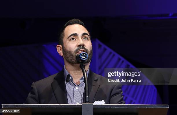 Enrique Santos speaks at the Latin GRAMMY Acoustic Sessions Miami with Diego Torres at New World Center on November 3, 2015 in Miami Beach, Florida.