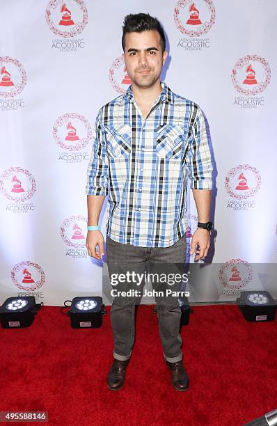 Alen Sarell arrives at the Latin GRAMMY Acoustic Session Miami with Diego Torres at New World Center on November 3, 2015 in Miami Beach, Florida.