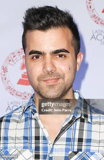 Alen Sarell arrives at the Latin GRAMMY Acoustic Session Miami with Diego Torres at New World Center on November 3, 2015 in Miami Beach, Florida.