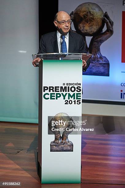 Spanish Minister of the Treasury and Public Administrations Cristobal Montoro attends the CEPYME 2015 Awards at the Reina Sofia Museum on November 4,...