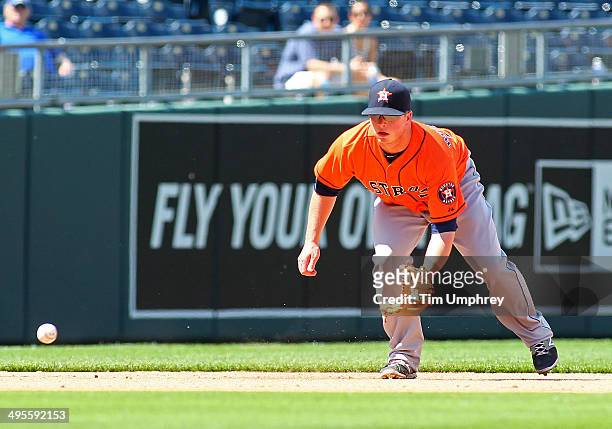 Matt Dominguez of the Houston Astros fields a ground ball during the 6th inning of the game against the Kansas City Royals at Kauffman Stadium on May...