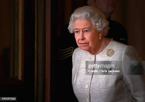 Queen Elizabeth II prepares to greet Kazakhstan President Nursultan Nazarbayev at Buckingham Palace on November 4, 2015 in London, England. The...