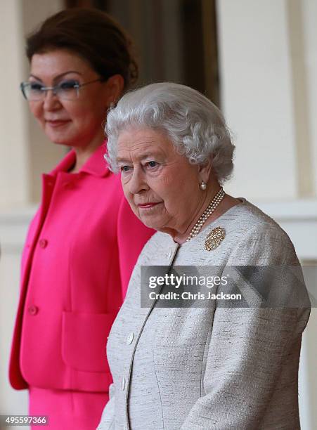 Queen Elizabeth II and Kazakhstan Deputy Prime Minister Dariga Nazarbayeva at Buckingham Palace on November 4, 2015 in London, England. The President...