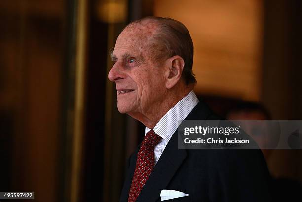 Prince Philip, Duke of Edinburgh prepares to greet Kazakhstan President Nursultan Nazarbayev at Buckingham Palace on November 4, 2015 in London,...