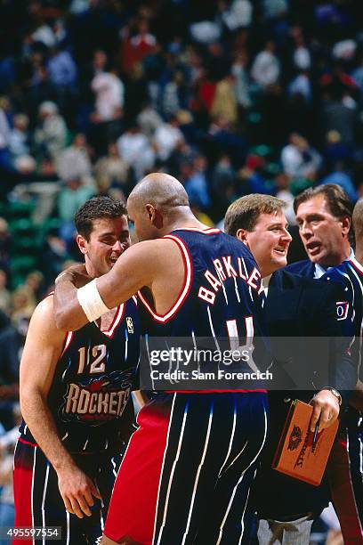 Charles Barkley of the Houston Rockets celebrates against the Utah Jazz on November 4, 1996 at the Delta Center in Salt Lake City, Utah. NOTE TO...