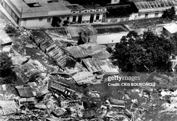 Aerial view taken on November 16, 1985 of the town of Armero, 130 kms west of Bogota. Trucks, cars and buildings lay scattered around what used to be...