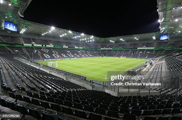 General view into the Borussia-Park Stadium ahead the UEFA Champions League group stage match between Borussia Moenchengladbach and Juventus Turin at...