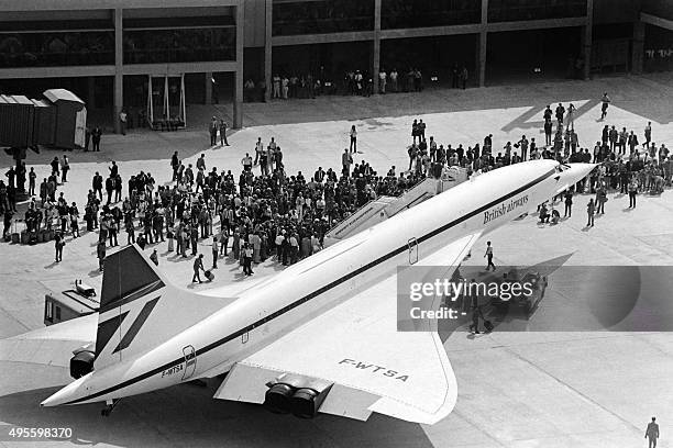 The French-British supersonic jet Concorde 002 is seen at Dallas Fort Worth airport on September 20, 1973 after its first flight to the USA, during...