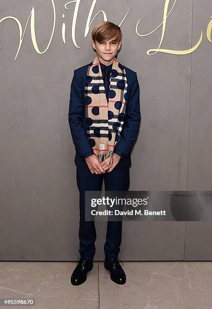 Romeo Beckham arrives at the Burberry Festive film premiere at 121 Regent Street on November 3, 2015 in London, England.