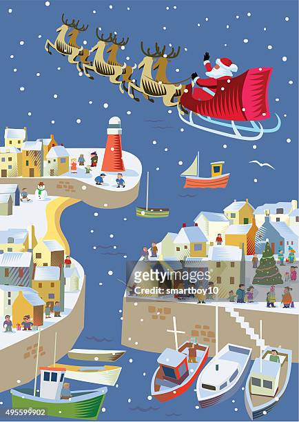 fishing / seaside village at christmas with santa claus - promenade stock illustrations