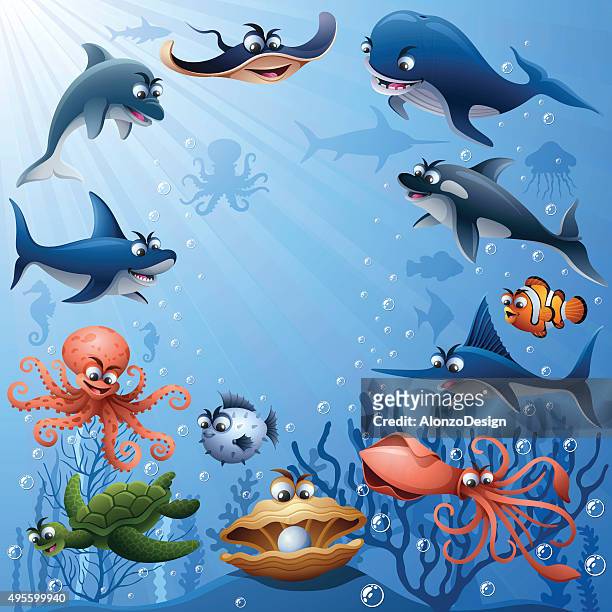 sea animals family - squid stock illustrations
