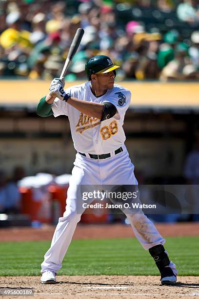 Kyle Blanks of the Oakland Athletics at bat against the Detroit Tigers during the eighth inning at O.co Coliseum on May 26, 2014 in Oakland,...