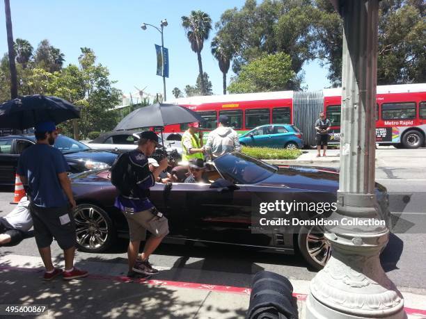 Kevin Dillon and Jerry Ferrara film a scene from the movie 'Entourage' by The La Brea Tar Pits on June 4, 20014 in Los Angeles, California.