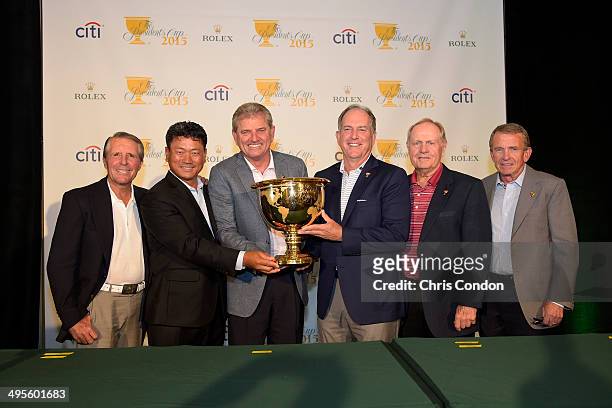 Gary Player of South Africa, K.J. Choi of South Korea, Nick Price of Zimbabwe, Jay Haas, Jack Nicklaus and PGA Commissioner Tim Finchem pose during a...