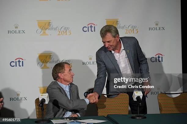 Nick Price of Zimbabwe Captain of the 2015 Presidents Cup International Team by PGA TOUR Commissioner Tim Finchem during a press conference at the...