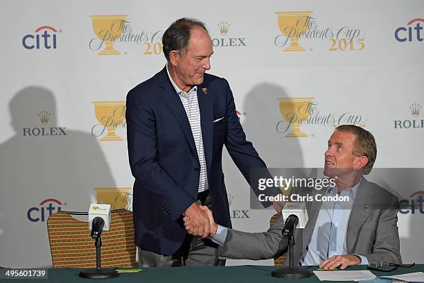 Jay Haas is named Captain of the 2015 Presidents Cup Unites States' Team by PGA TOUR Commissioner Tim Finchem during a press conference at the Big...