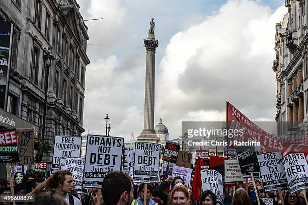 Students march during a demonstration against education cuts on November 4, 2015 in London, England. University students from across the country are...