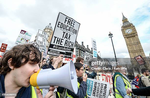 Students march during a demonstration against education cuts on November 4, 2015 in London, England. University students from across the country are...