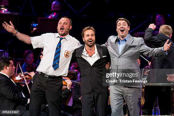 Al Murray; Alfie Boe and Jason Manford perform at the Symfunny fundraiser in aid of Parkinson's UK at Royal Albert Hall on June 4, 2014 in London,...