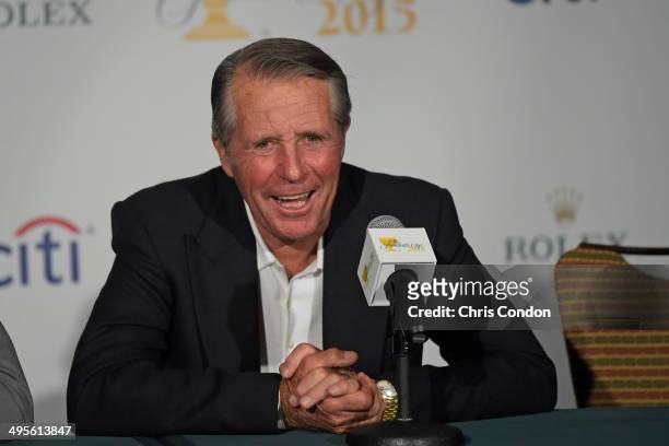 Gary Player of South Africa speaks during a press conference announcing Nick Price as Captain of the 2015 Presidents Cup International Team and Jay...