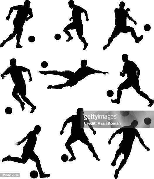 set of soccer players silhouettes - midfielder soccer player stock illustrations