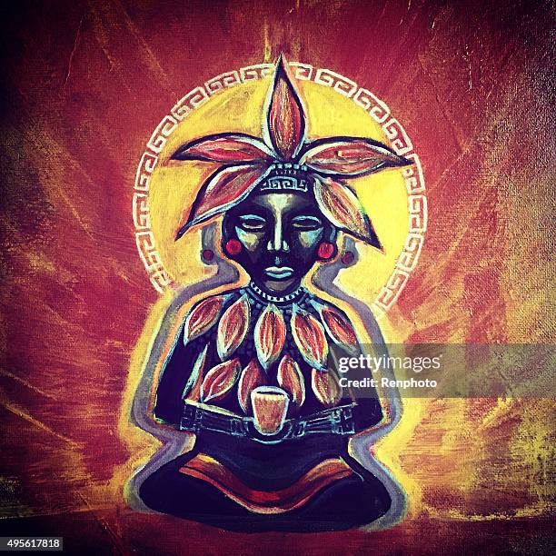 illustrazioni stock, clip art, cartoni animati e icone di tendenza di dio maya del cacao dipinto - civiltà maya