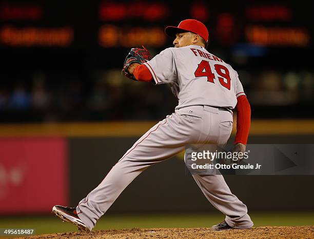 Closing pitcher Ernesto Frieri of the Los Angeles Angels of Anaheim pitches against the Seattle Mariners at Safeco Field on May 29, 2014 in Seattle,...