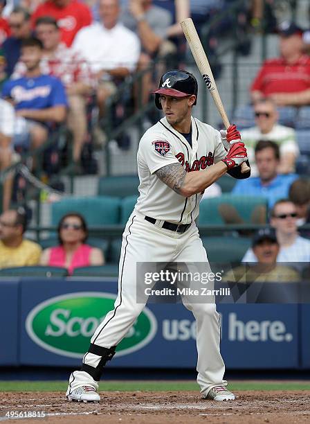 Pinch hitter Jordan Schafer of the Atlanta Braves waits in the batter's box for a pitch during the game against the Colorado Rockies at Turner Field...