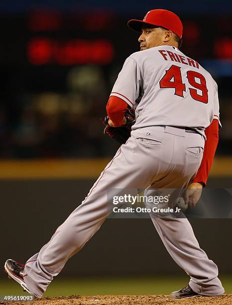 Closing pitcher Ernesto Frieri of the Los Angeles Angels of Anaheim pitches against the Seattle Mariners at Safeco Field on May 29, 2014 in Seattle,...