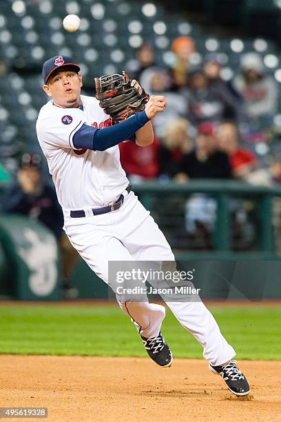 Third baseman Giovanny Urshela of the Cleveland Indians throws out Miguel Sano of the Minnesota Twins at first during the fourth inning at...