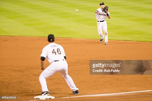 Derek Dietrich throws the ball to Garrett Jones of the Miami Marlins during the game against the Atlanta Braves at Marlins Park on April 20, 2014 in...