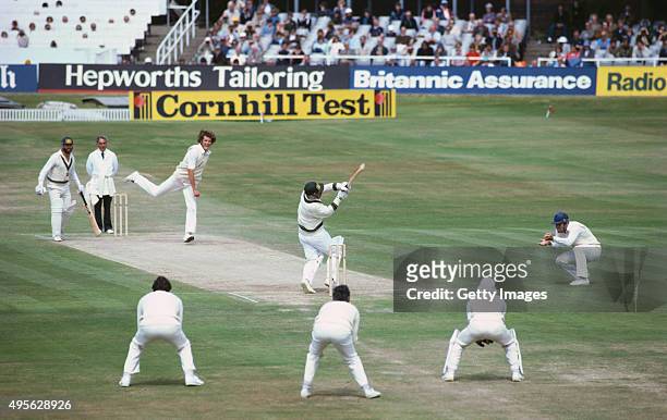 Australia batsman Rodney Marsh hooks England bowler Bob Willis only to be caught on the third man boundary by Graham Dilley as Willis bowls England...
