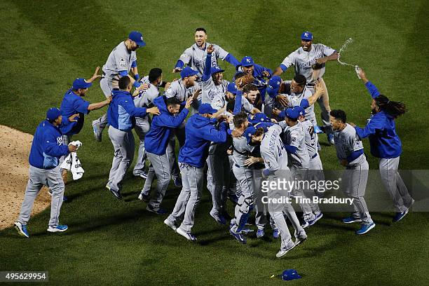 The Kansas City Royals celebrate defeating the New York Mets to win Game Five of the 2015 World Series at Citi Field on November 1, 2015 in the...