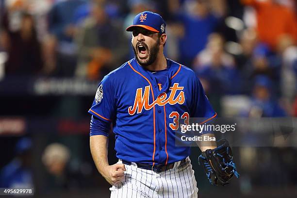 Matt Harvey of the New York Mets reacts during Game Five of the 2015 World Series against the Kansas City Royals at Citi Field on November 1, 2015 in...