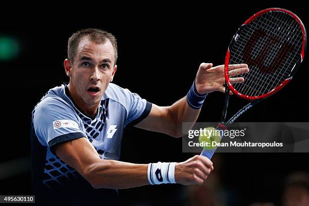 Lukas Rosol of Czech Republic in action against Rafael Nadal of Spain during Day 3 of the BNP Paribas Masters held at AccorHotels Arena on November...