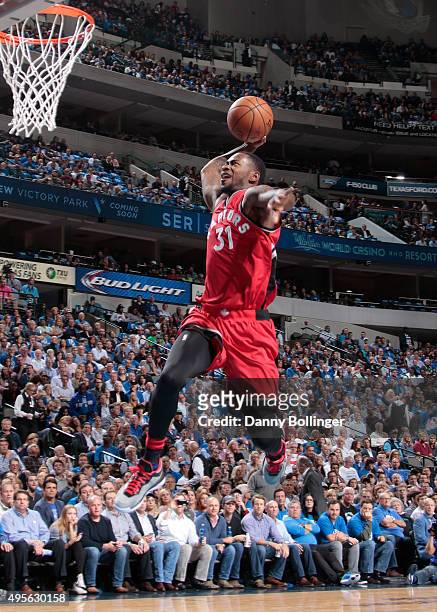 Terrence Ross of the Toronto Raptors flies in for the dunk against the Dallas Mavericks on November 3, 2015 at the American Airlines Center in...