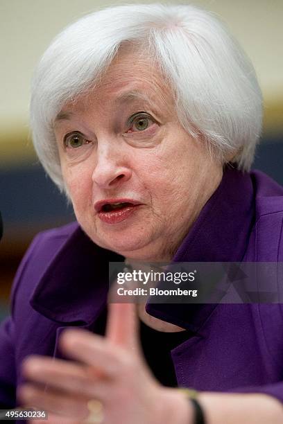 Janet Yellen, chair of the U.S. Federal Reserve, speaks during a House Financial Services Committee hearing in Washington, D.C., U.S., on Wednesday,...