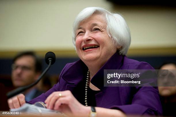 Janet Yellen, chair of the U.S. Federal Reserve, smiles during a House Financial Services Committee hearing in Washington, D.C., U.S., on Wednesday,...