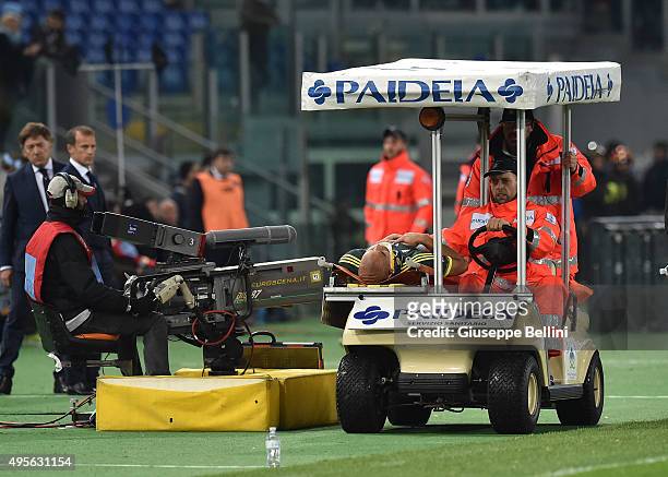 Rodrigo Dias Da Costa Alex of AC Milan is stretchered off injured during the Serie A match between SS Lazio and AC Milan at Stadio Olimpico on...