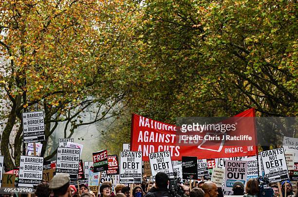 Protesters during a demonstration against education cuts on November 4, 2015 in London, England. University students from across the country are...