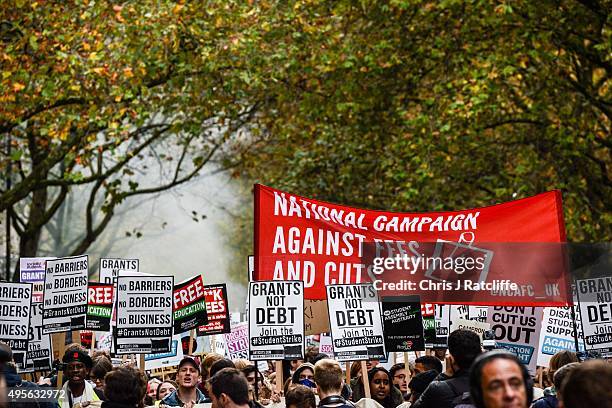 Protesters during a demonstration against education cuts on November 4, 2015 in London, England. University students from across the country are...