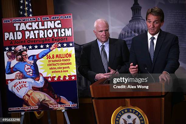 Sen. John McCain and Sen. Jeff Flake speak to members of the media during a news conference November 4, 2015 on Capitol Hill in Washington, DC. The...