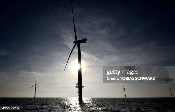 Wind turbine of the German offshore wind farm "Amrum Bank West" owned by German energy company E.ON is seen near the Heligoland archipelago on the...