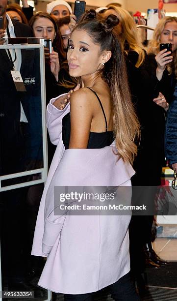 Ariana Grande arrives at Boots, Piccadilly for a Meet-And-Greet with fans to launch her debut fragrance Ari by Ariana Grande on November 4, 2015 in...