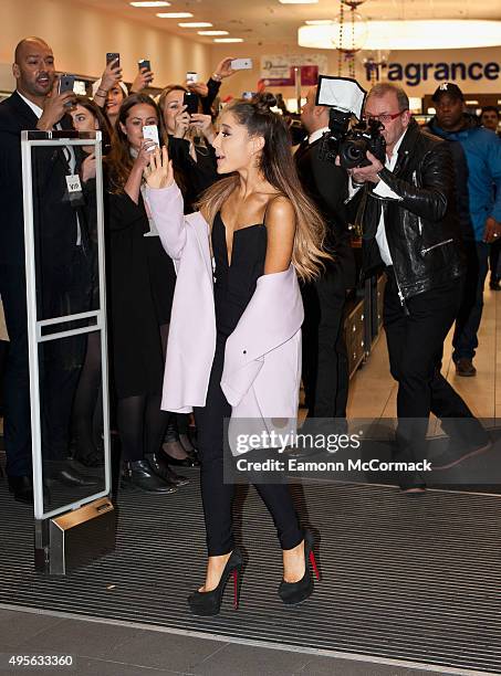 Ariana Grande arrives at Boots, Piccadilly for a Meet-And-Greet with fans to launch her debut fragrance Ari by Ariana Grande on November 4, 2015 in...