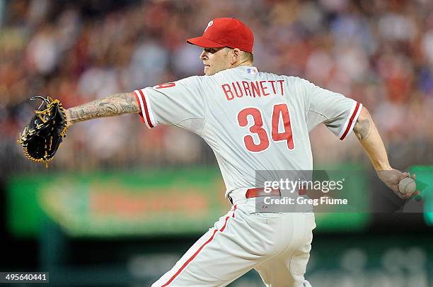 Burnett of the Philadelphia Phillies pitches in the third inning against the Washington Nationals at Nationals Park on June 4, 2014 in Washington, DC.